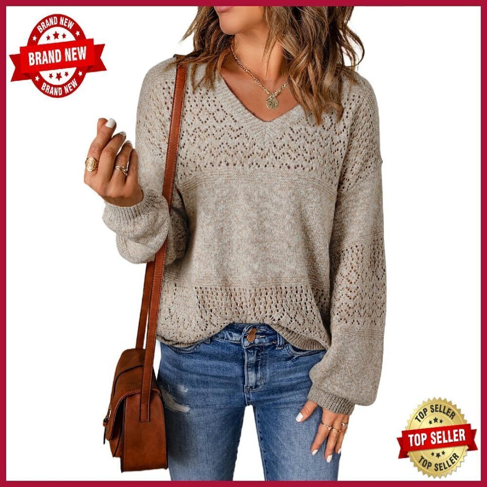 Lightweight Crochet Pullover Sweater, Long Sleeve V Neck, 100% Polyester